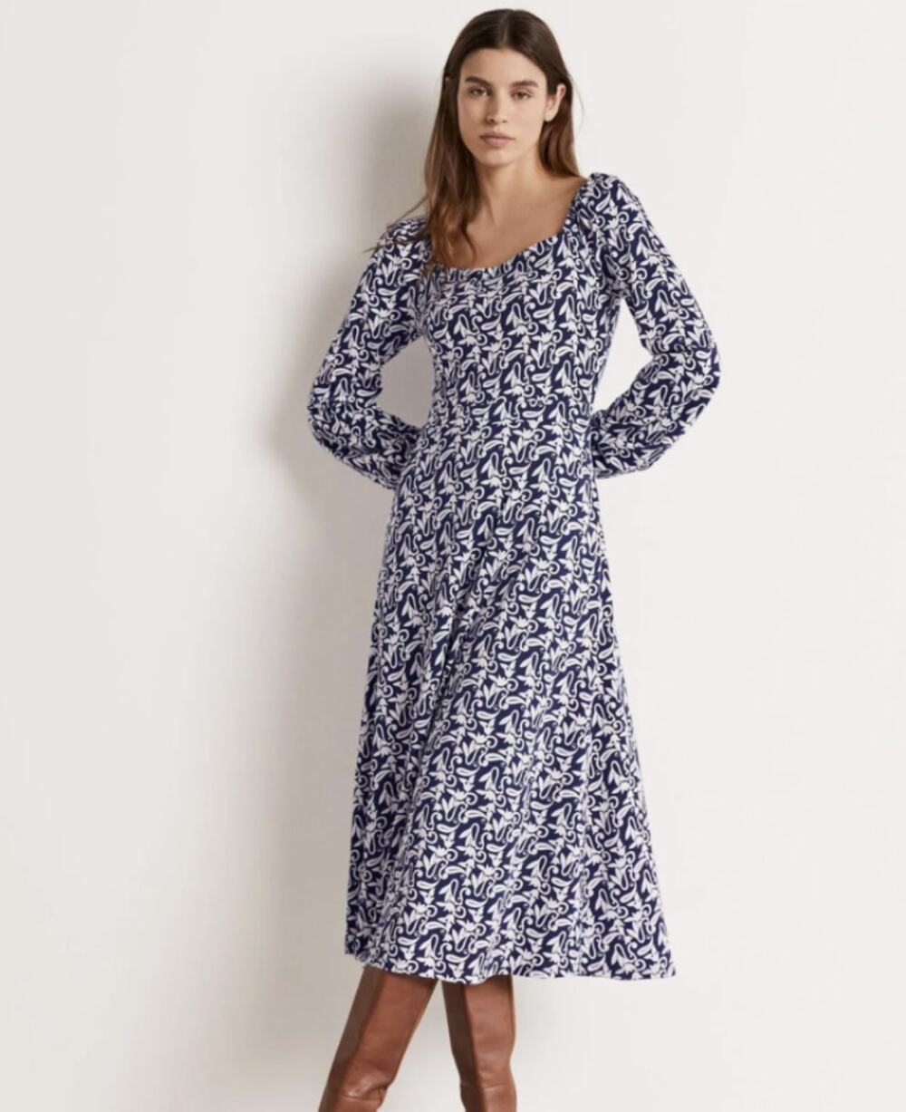 Boden Womens 4 White Blue Floral Square Neck Jersey Long Sleeve Midi Dress